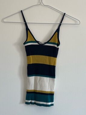 Mango Striped Ribbed V-Neck Cami in Navy, Mustard & Teal